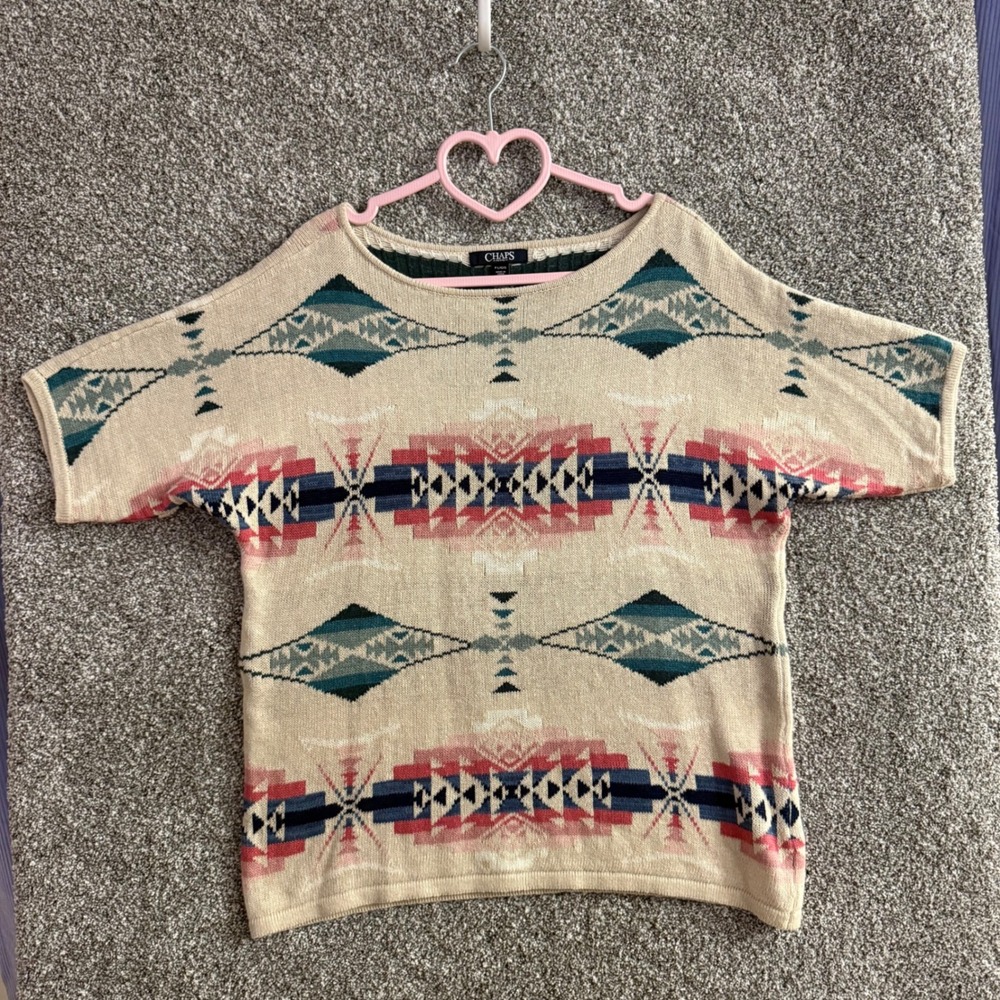 Chaps Short Sleeve Sweater Petite L Beige Southwestern Boho Geometric Aztec Knit